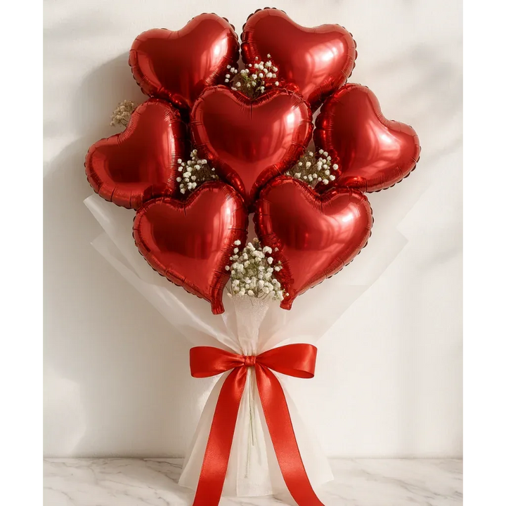 Red Heart Balloon Bouquet with Gypso Flowers - atfleurs