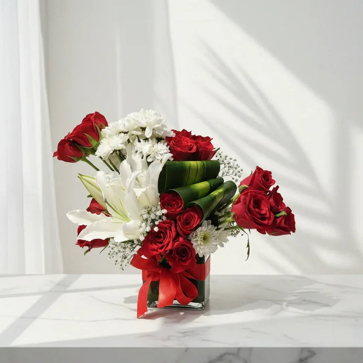 Red Roses Bouquet with White Lilies - atfleurs