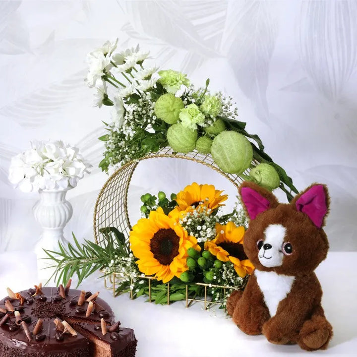Sunflower & Balloon Flower Bouquet in Golden Stand atfleurs