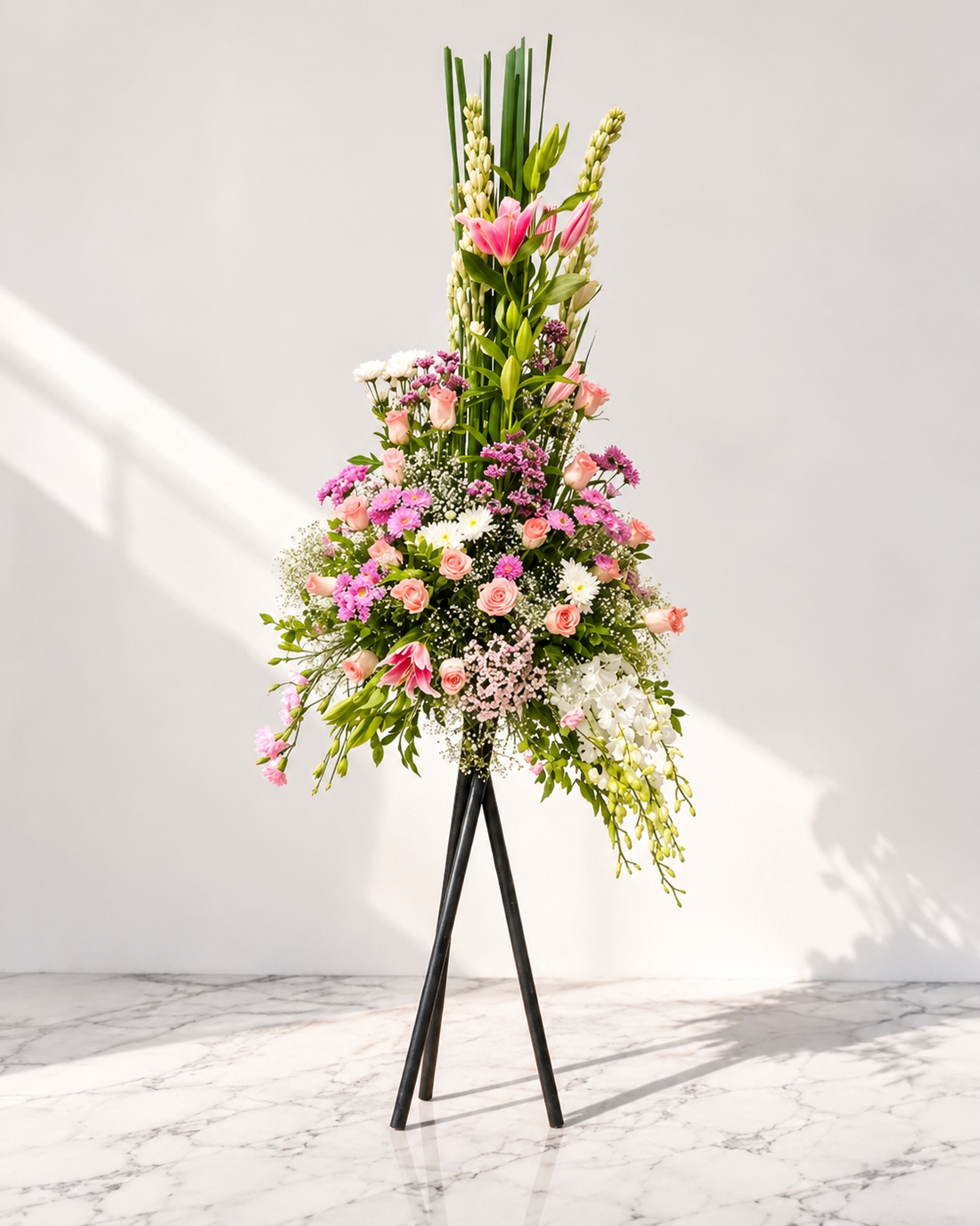 Pink Rose and Lily Floral Arrangement with Baby’s Breath on Stand