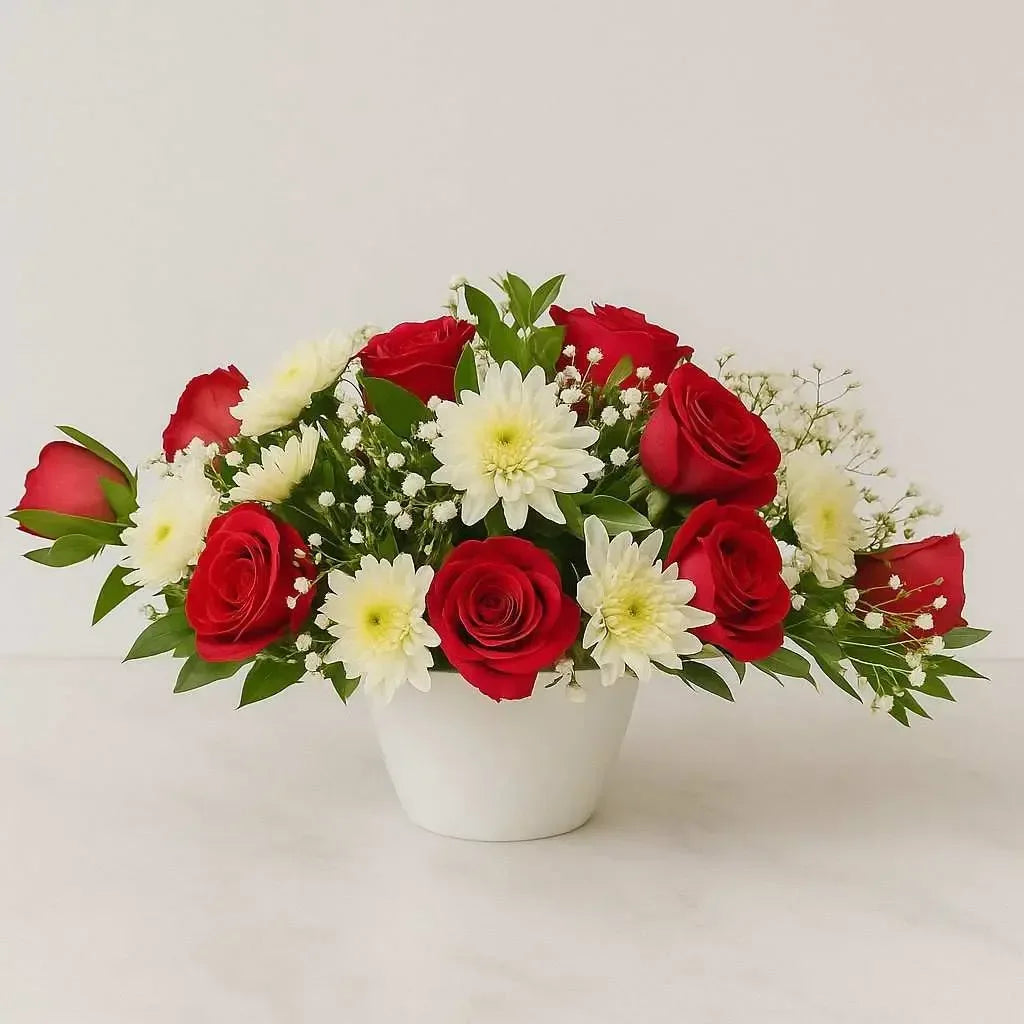 Lilies & Red Roses in Pot - atfleurs