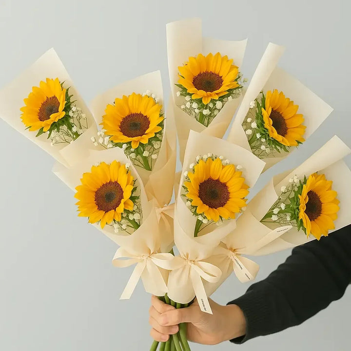 7 Sunflower Stems in Charming Individual Wraps - atfleurs