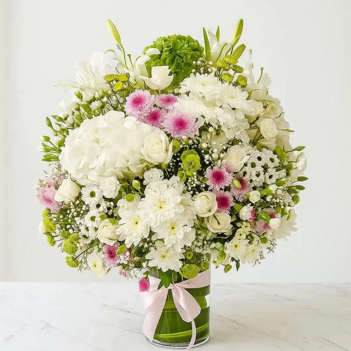 White and Pink Vase Arrangement with Lilies and Roses - atfleurs