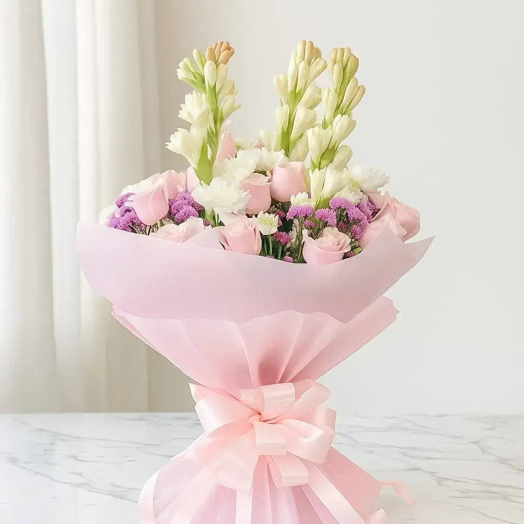 Pink Roses Rajnigandha and Chrysanthemum Hand Bouquet - atfleurs