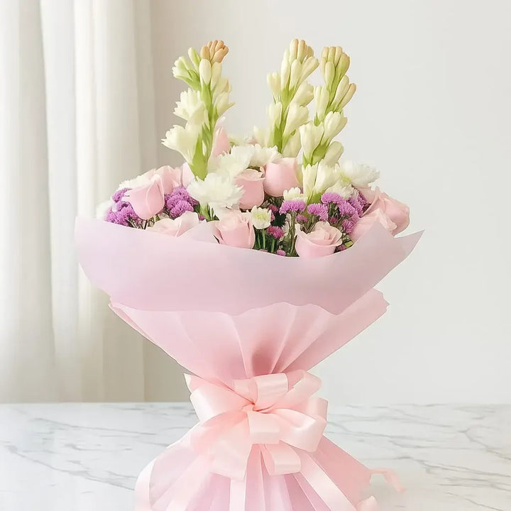 Pink Roses Rajnigandha and Chrysanthemum Hand Bouquet - atfleurs