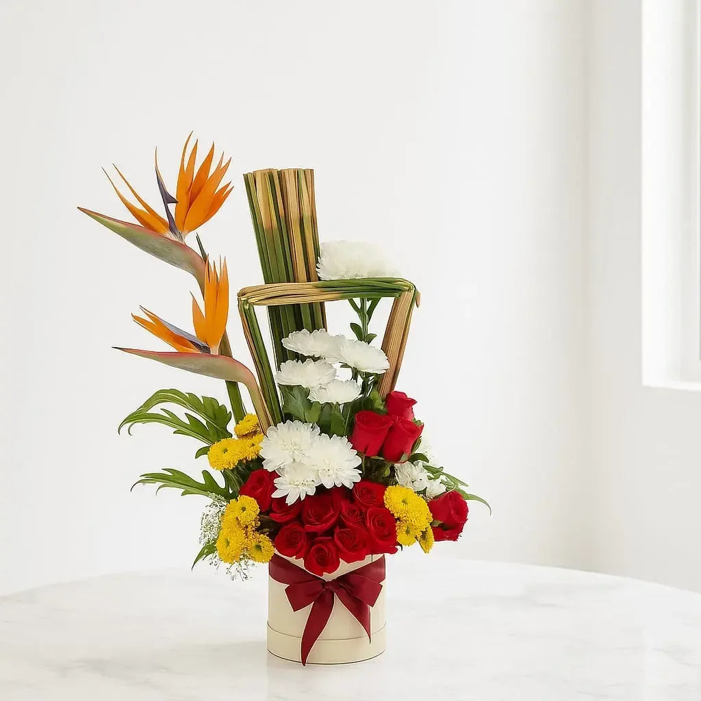 Bird of Paradise and Red Rose Box Arrangement - atfleurs