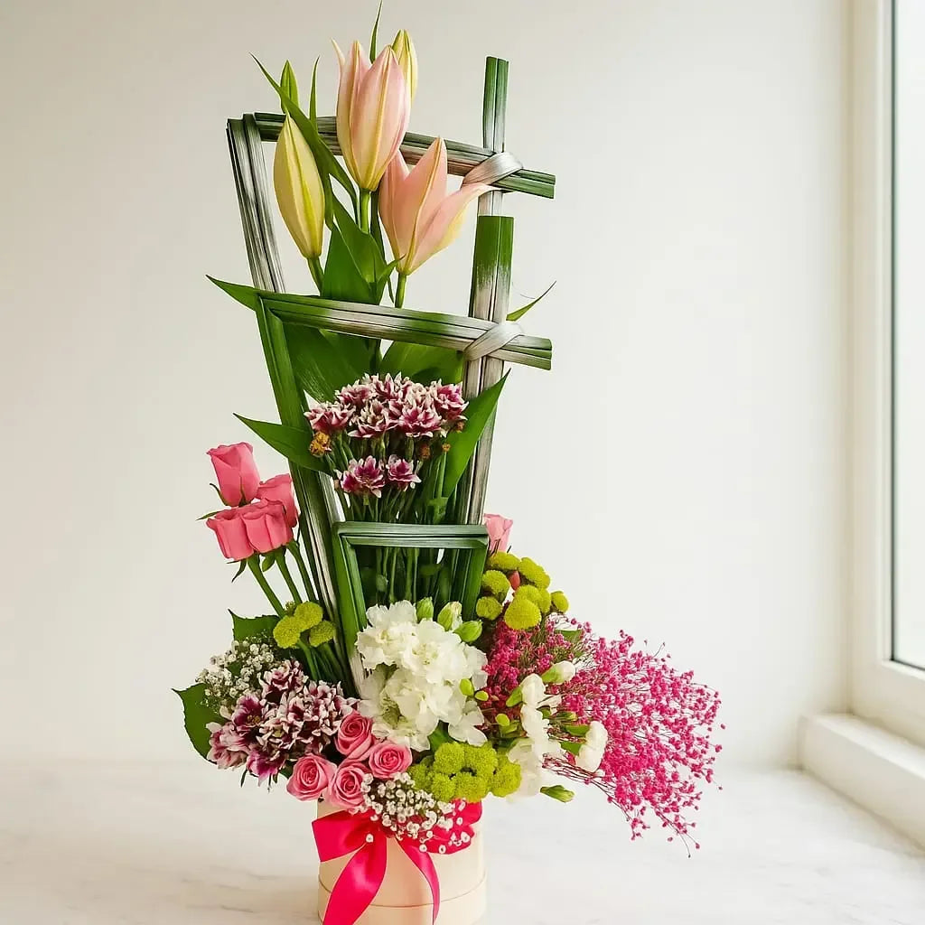 Box Arrangement with Lilies Carnations Roses and Gypso - atfleurs