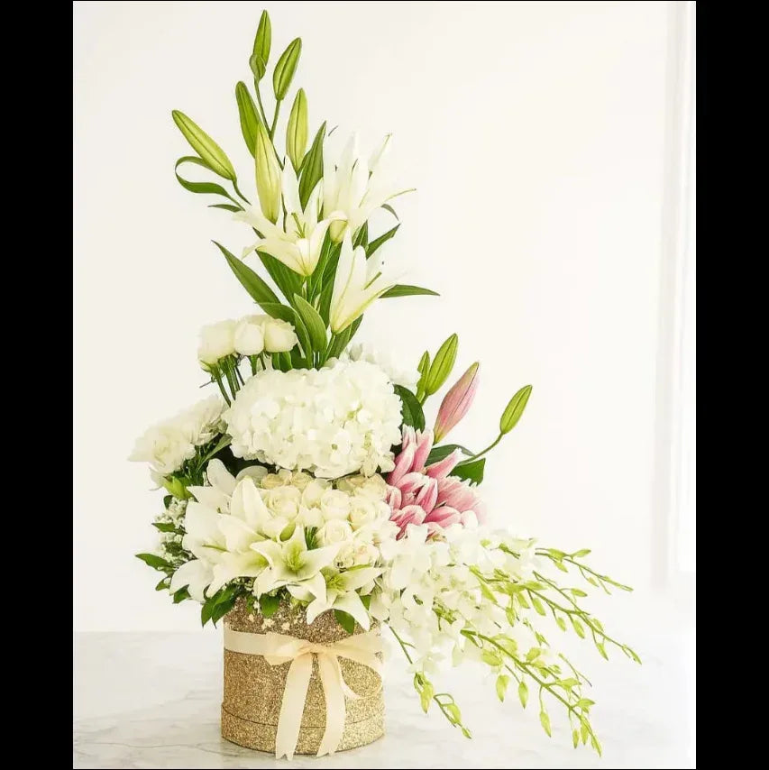 Roses and Lilies in a White and Blush Flower Box - atfleurs