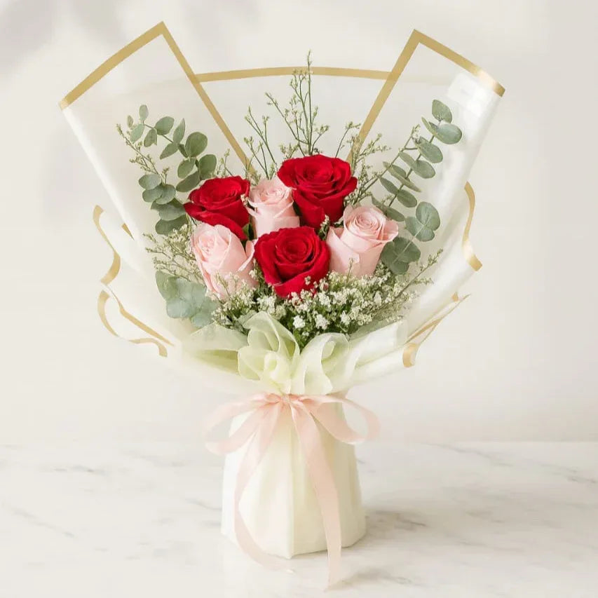 Red and Pink Rose Bouquet with Eucalyptus and Gypsophila - atfleurs