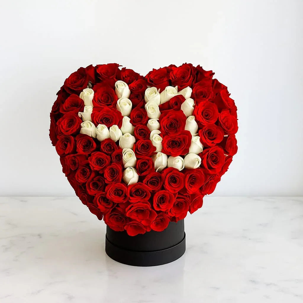 Heart-Shaped 40th Birthday Rose Box with Red and White Roses - atfleurs
