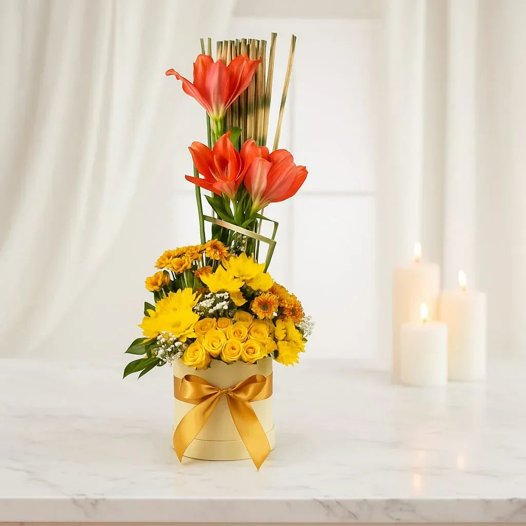 Bright Lilies and Yellow Blooms Box Arrangement - atfleurs