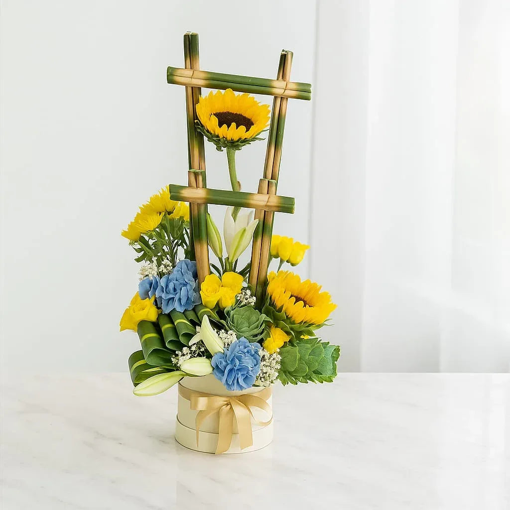Sunflower and Rose Bamboo Stand with Lilies and Hydrangea - atfleurs