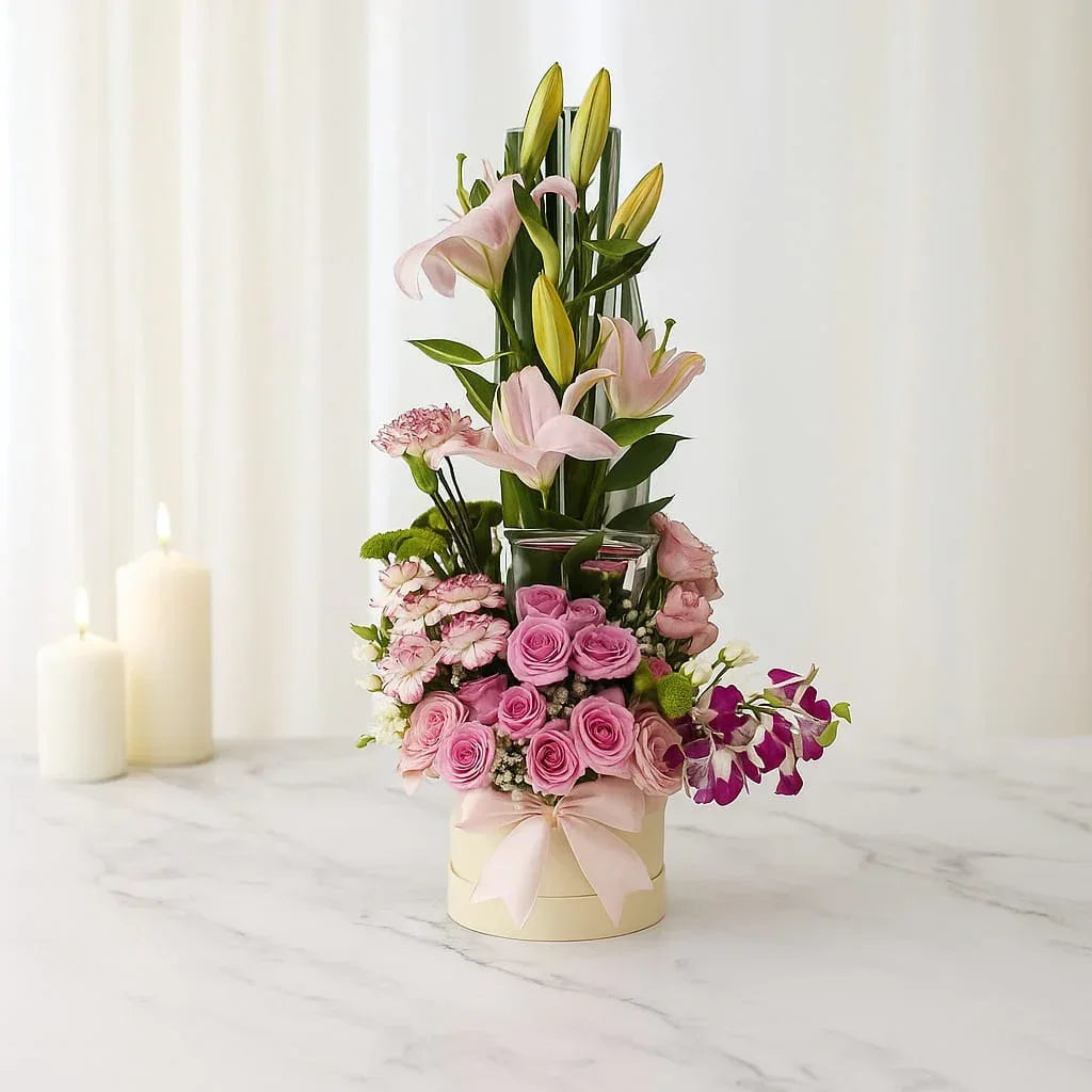 Pink Bloom Box with Lilies Roses Orchids and Carnations - atfleurs