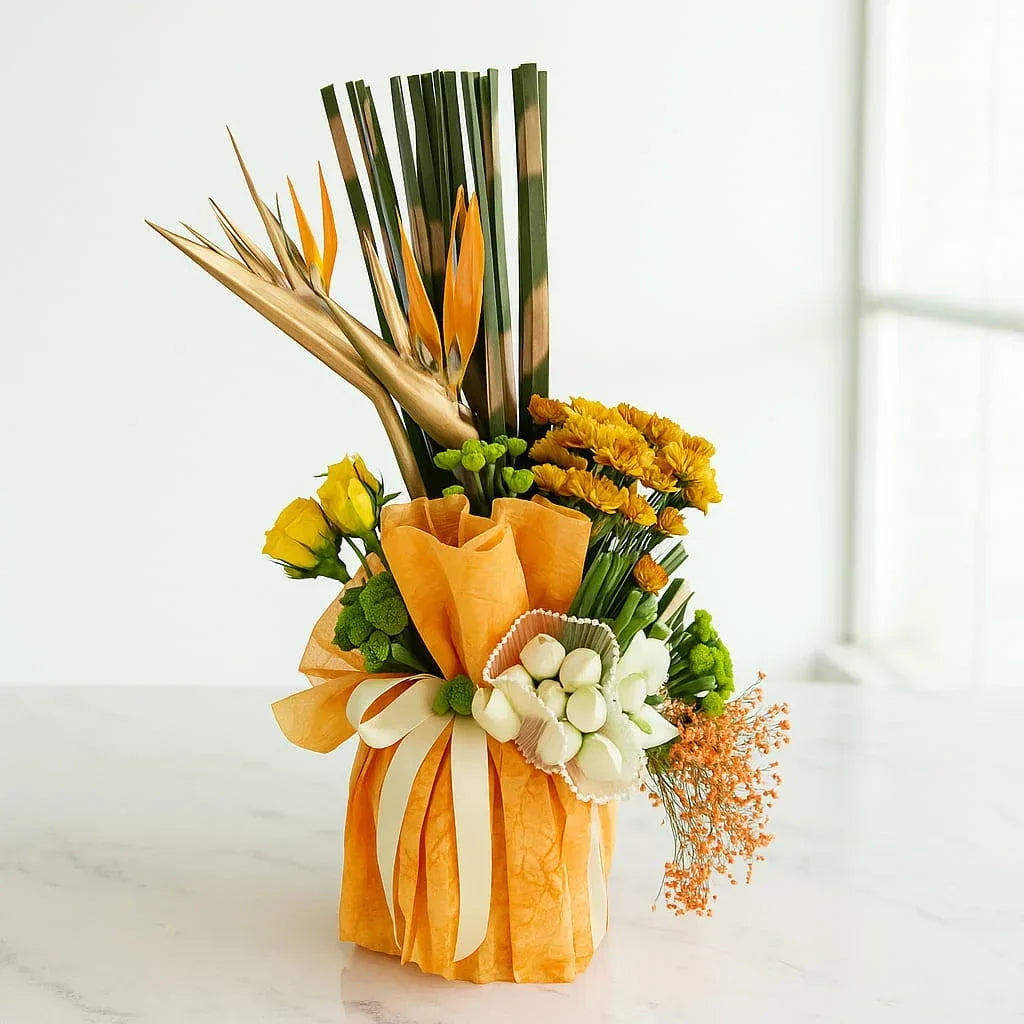 Bright Blooms Box with Bird of Paradise and Yellow Roses - atfleurs
