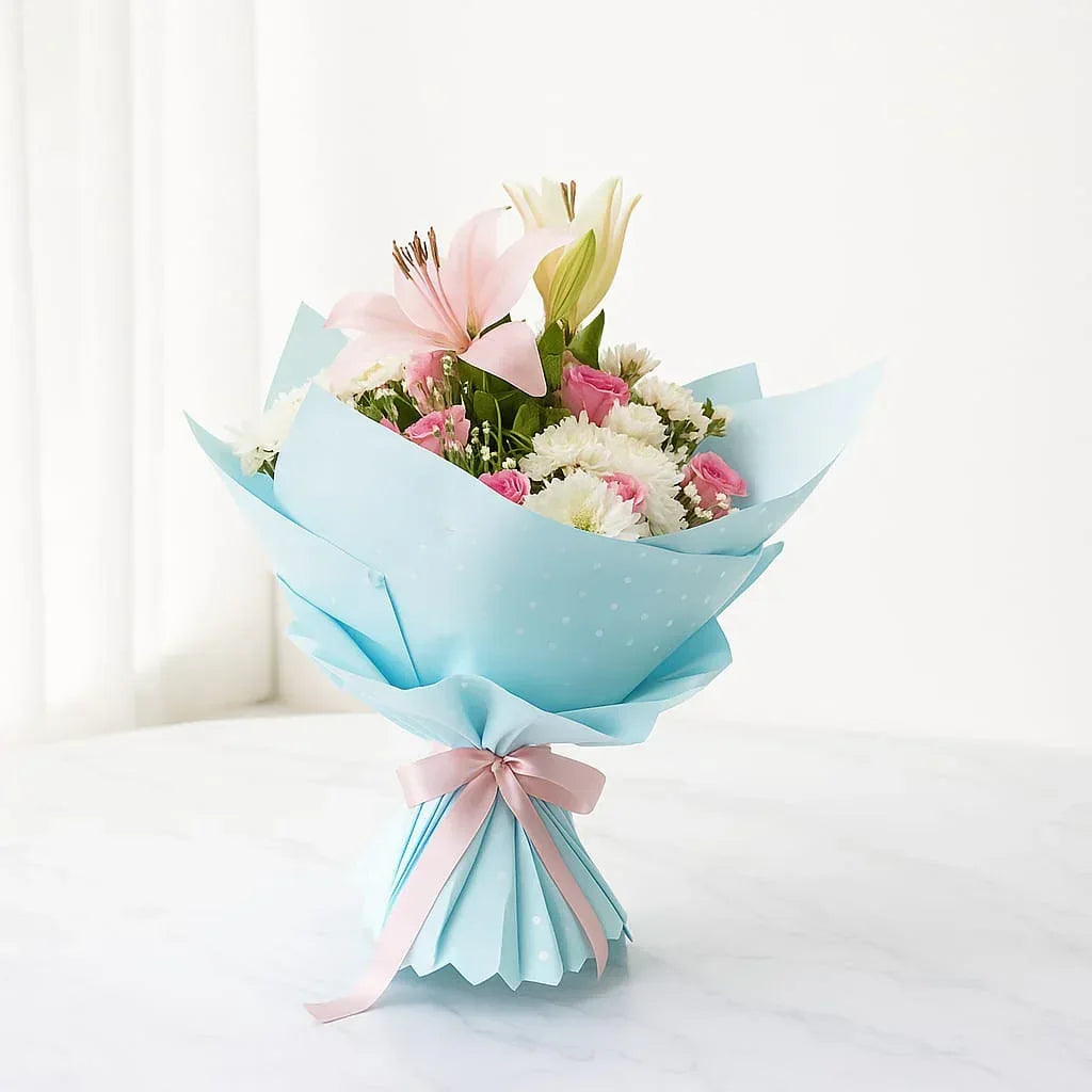 Pastel Bloom Hand Bouquet with Lilies and Roses - atfleurs