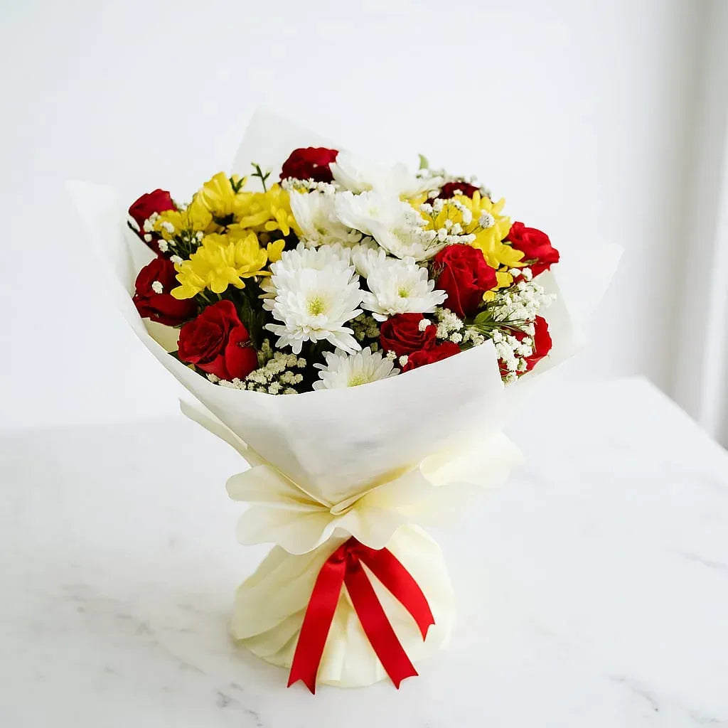 Mixed Flower Bouquet with Roses Chrysanthemums and Gypsophila - atfleurs