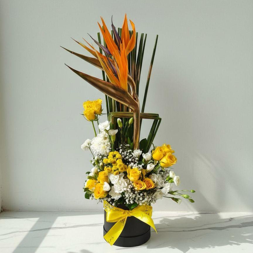 Bird of Paradise Arrangement with Yellow Roses, Carnations & Chrysanthemums