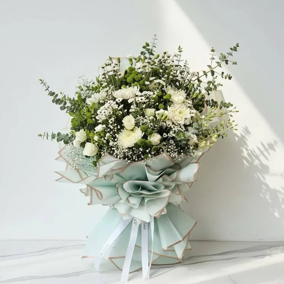 White Button Chrysanthemum & Gypsophila Hand Bouquet - atfleurs