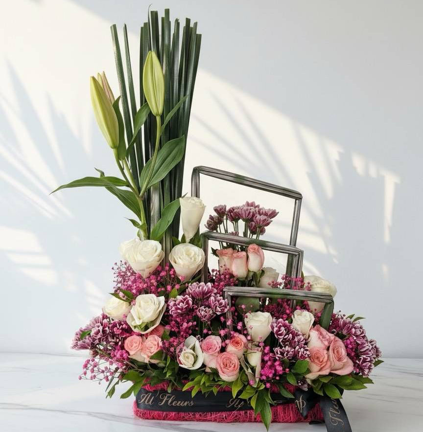 Lilies with Roses, Chrysanthemums, Eustoma & Gypso Box Arrangement