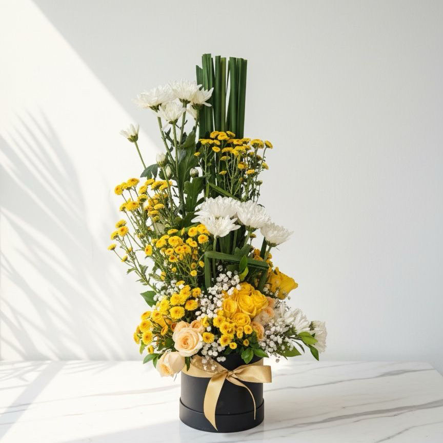 Yellow Roses & Chrysanthemums Box Arrangement
