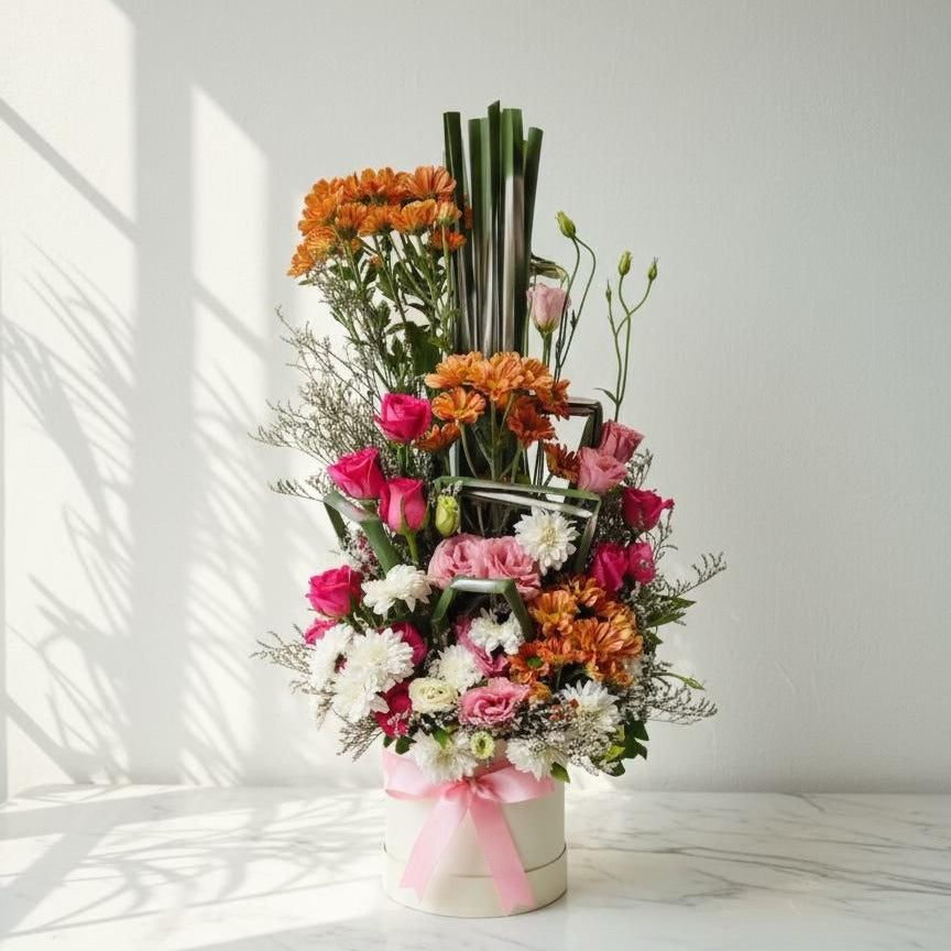 Chrysanthemums & Roses Box Arrangement with Eustoma and Gypso