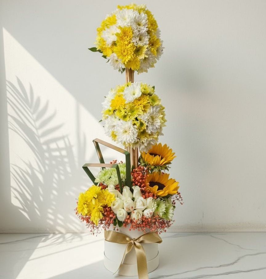 Sunflower Box Arrangement with Chrysanthemums, Roses & Gypso
