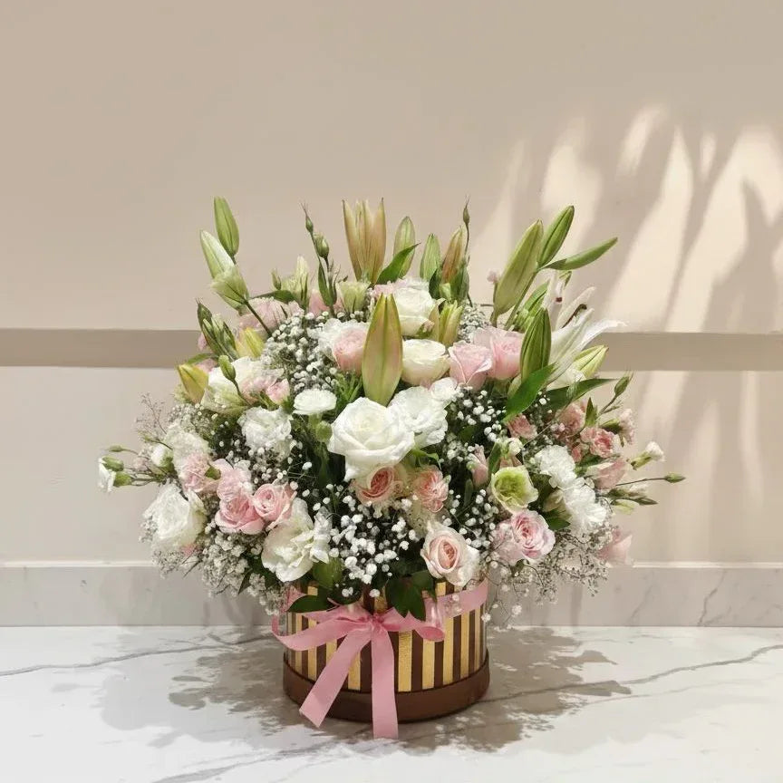 Lilies with Roses, Eustoma, Carnations & Gypso Arrangement - atfleurs