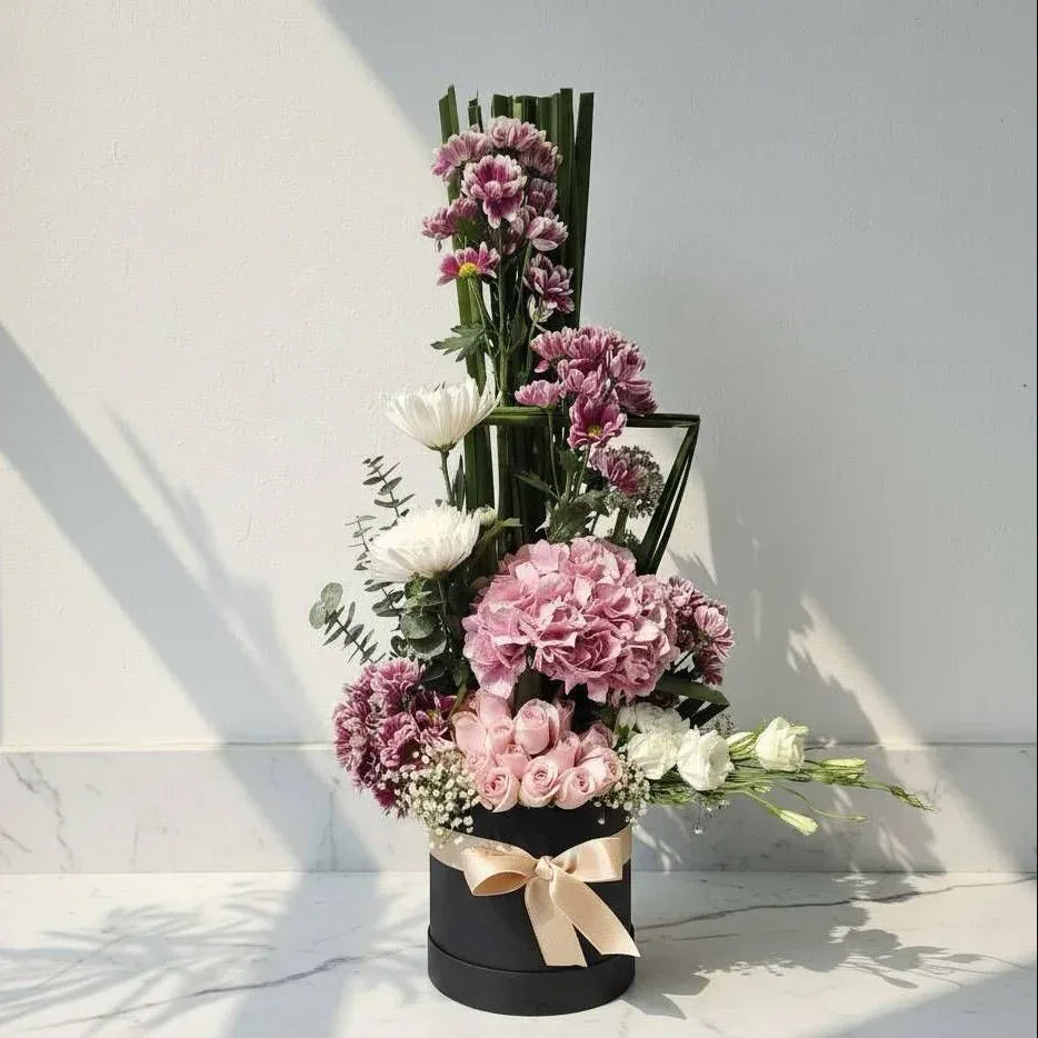 Hydrangea & Rose Box Arrangement with Chrysanthemums, Disbuds & Gypsophila - atfleurs