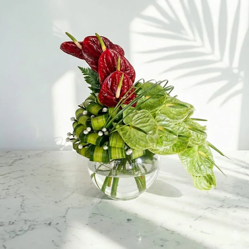 Red Anthurium Bouquet with Green Foliage - atfleurs