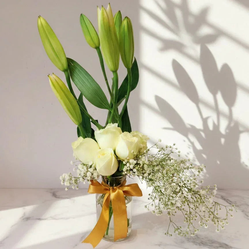 White Roses & Lilies Bouquet with Baby’s Breath - atfleurs