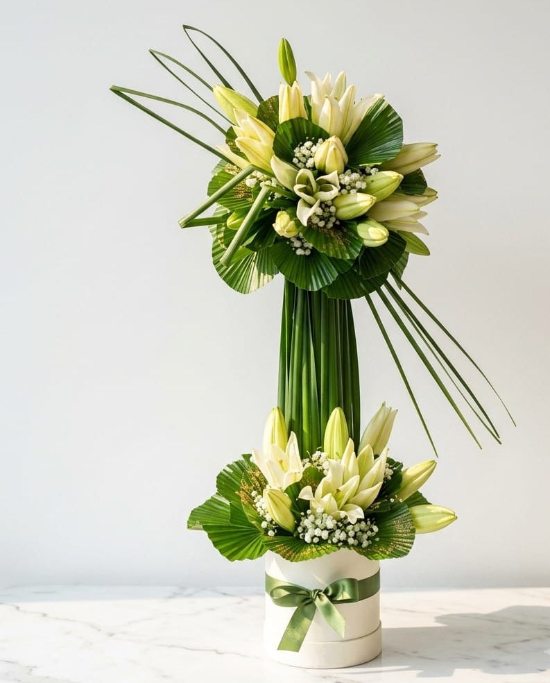 White Lily Bouquet with Palm Leaves