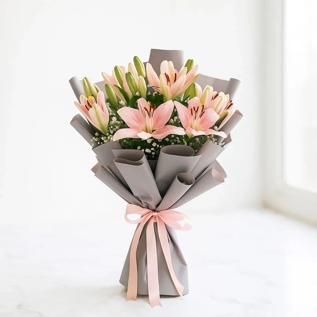 Soft Pink Lily Hand Bouquet with Baby’s Breath - atfleurs