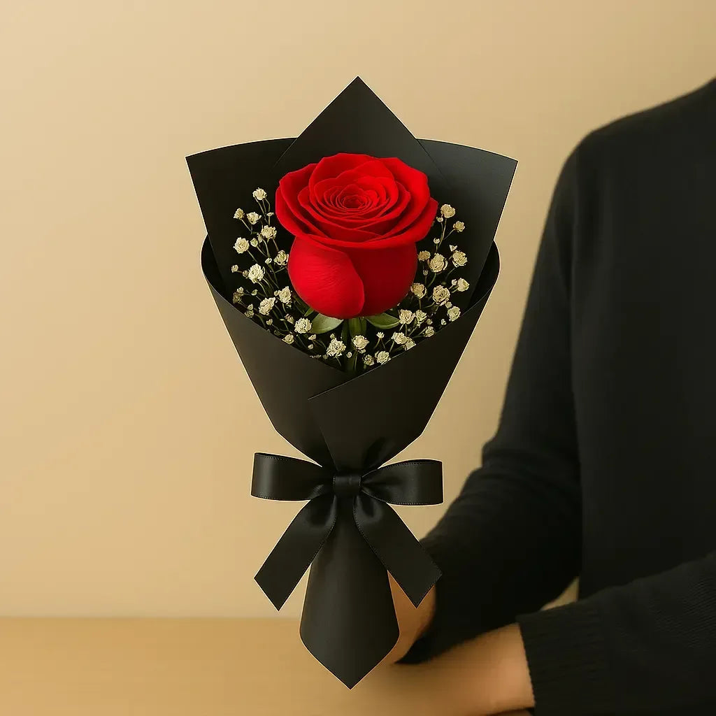 6 Red Roses in Chic Black Wrap - atfleurs