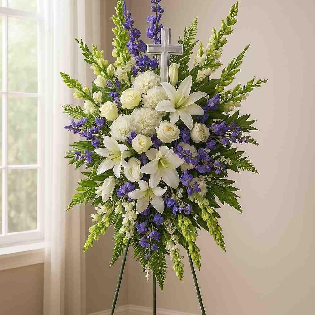 White and Purple Sympathy Standing Spray atfleurs