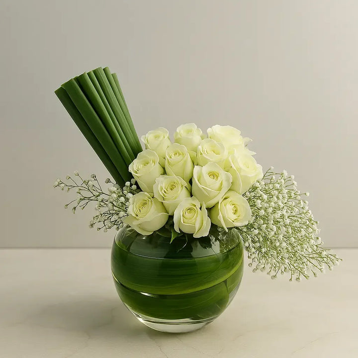 White Rose Bowl with Baby’s Breath - atfleurs
