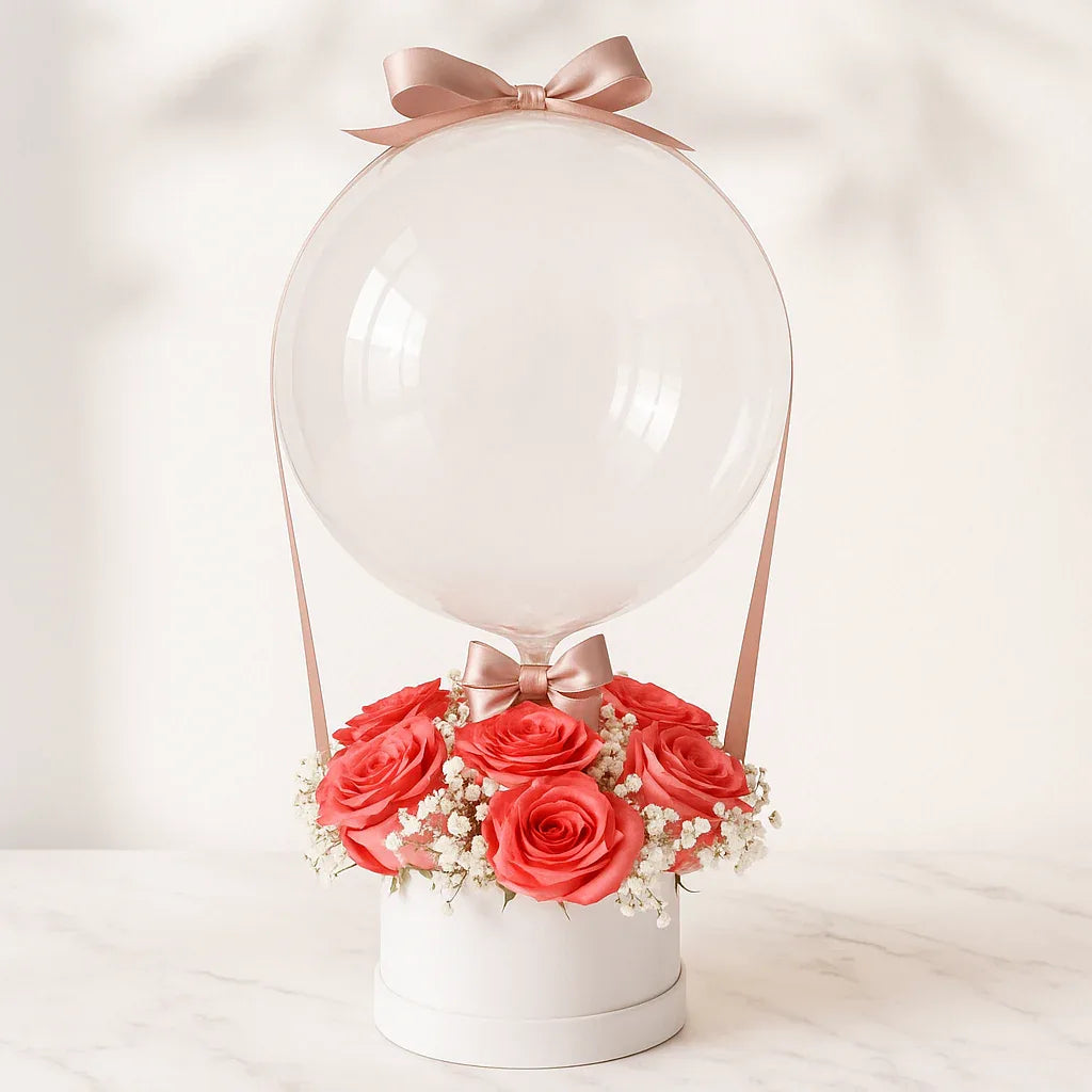 Pink Roses with Baby's Breath and Balloon in Gift Box - atfleurs