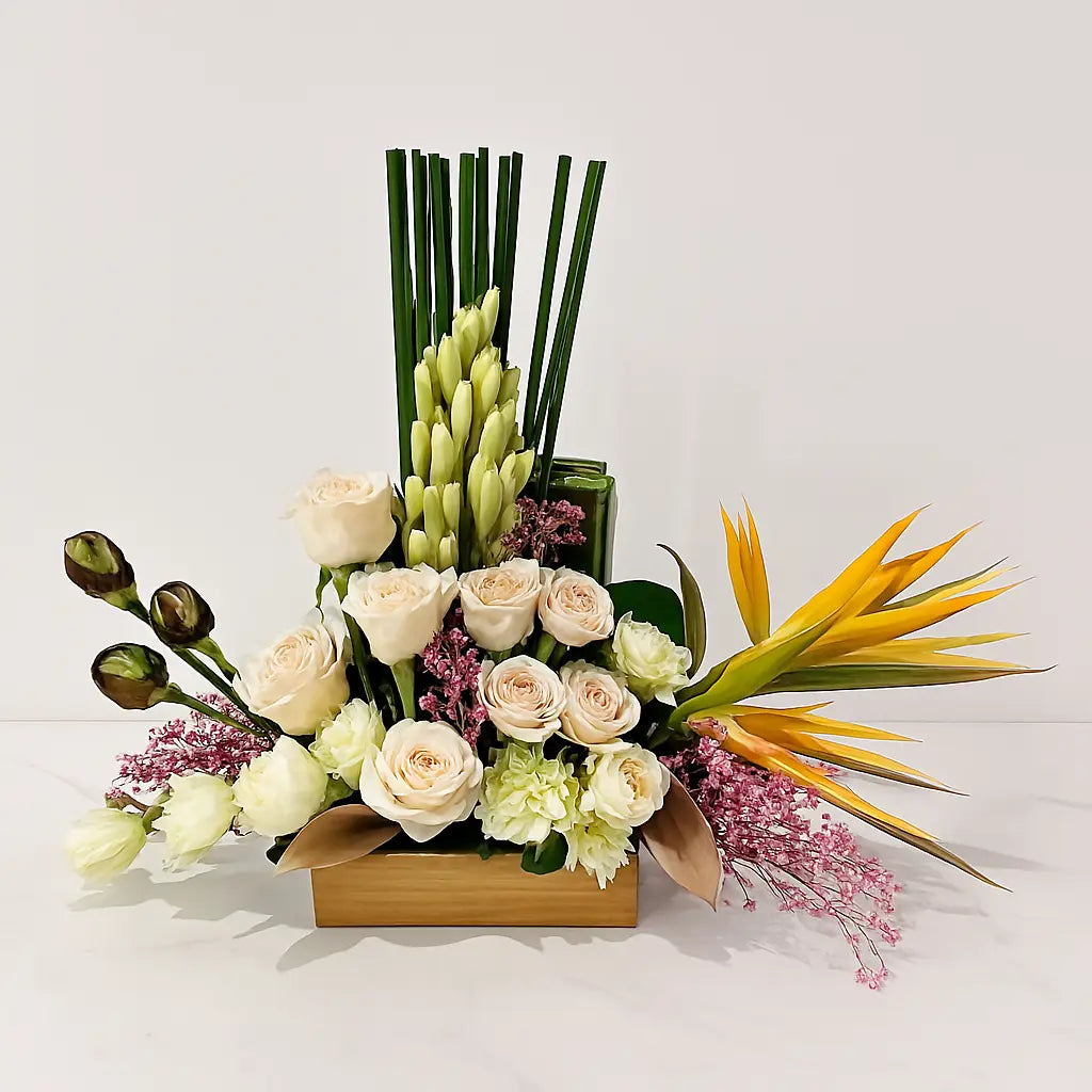 Elegant Eustoma, Pink Roses & Rajnigandha Arrangement atfleurs