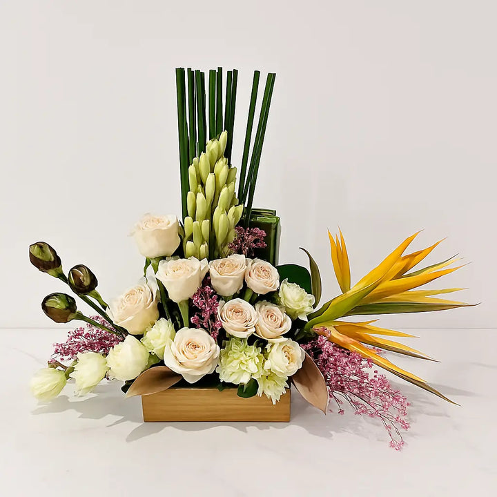 Elegant Eustoma, Pink Roses & Rajnigandha Arrangement atfleurs