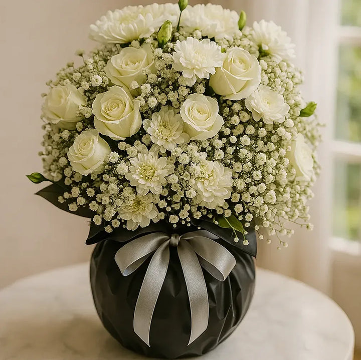 White Rose Centerpiece with Chrysanthemum - atfleurs