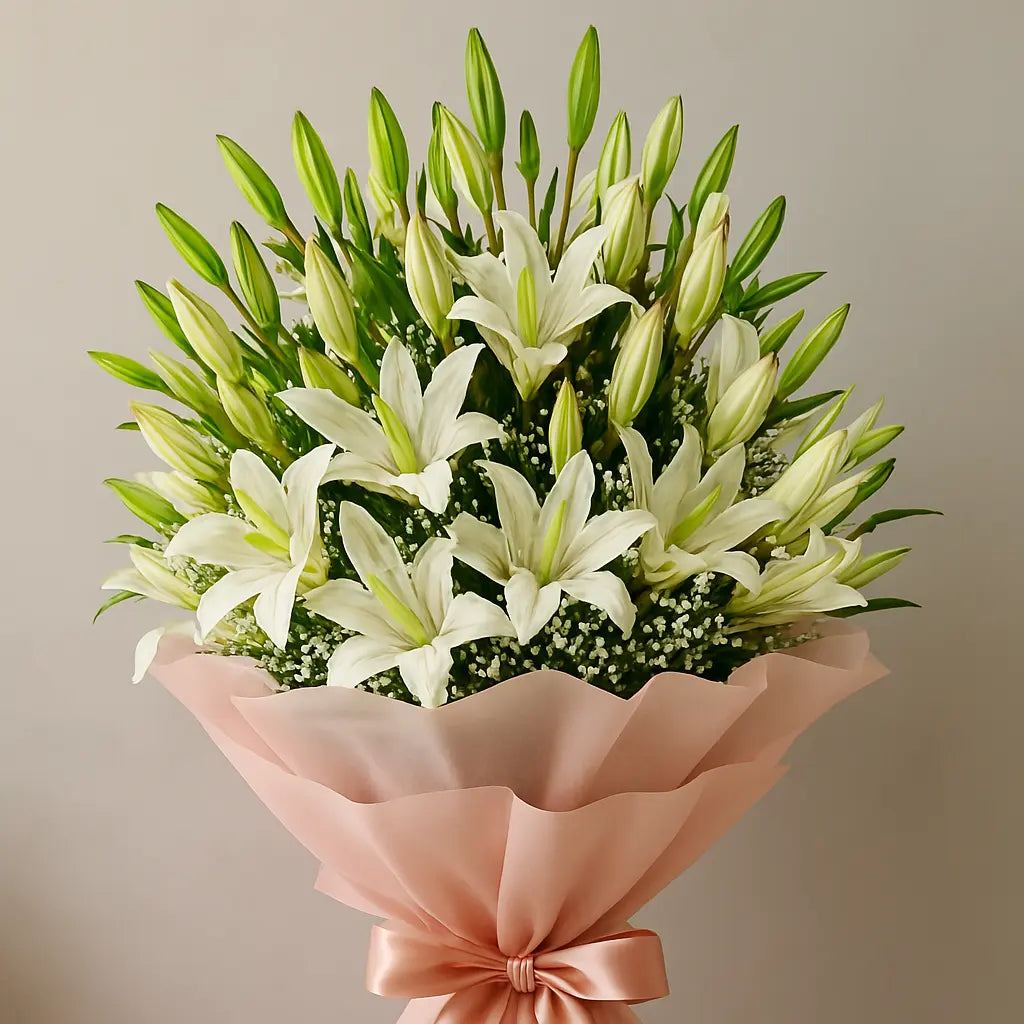 10 White Lily Bouquet with Baby’s Breath atfleurs