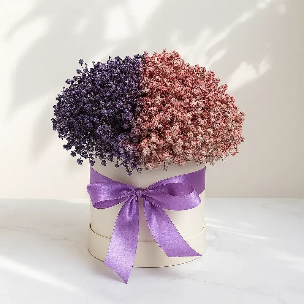 Purple and Pink Gypsophila Flower Box Arrangement - atfleurs