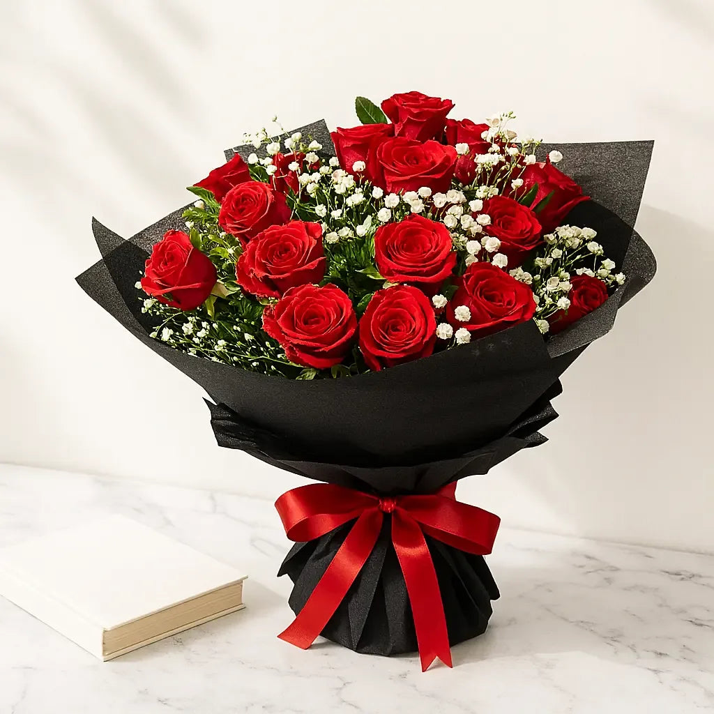 Red Roses and Gypsophila Bouquet Wrapped in Black - atfleurs