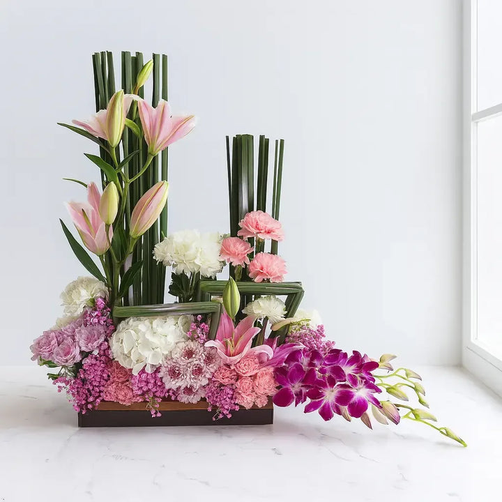 Lilies Hydrangea and Orchid Mix in Statement Flower Arrangement - atfleurs