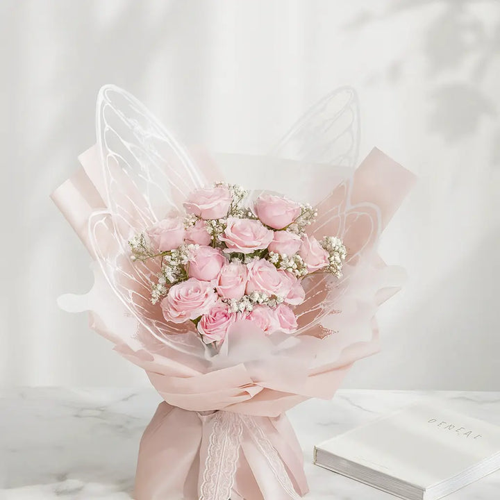 Gypsophila and Butterfly Wrap in a Pink Rose Bouquet