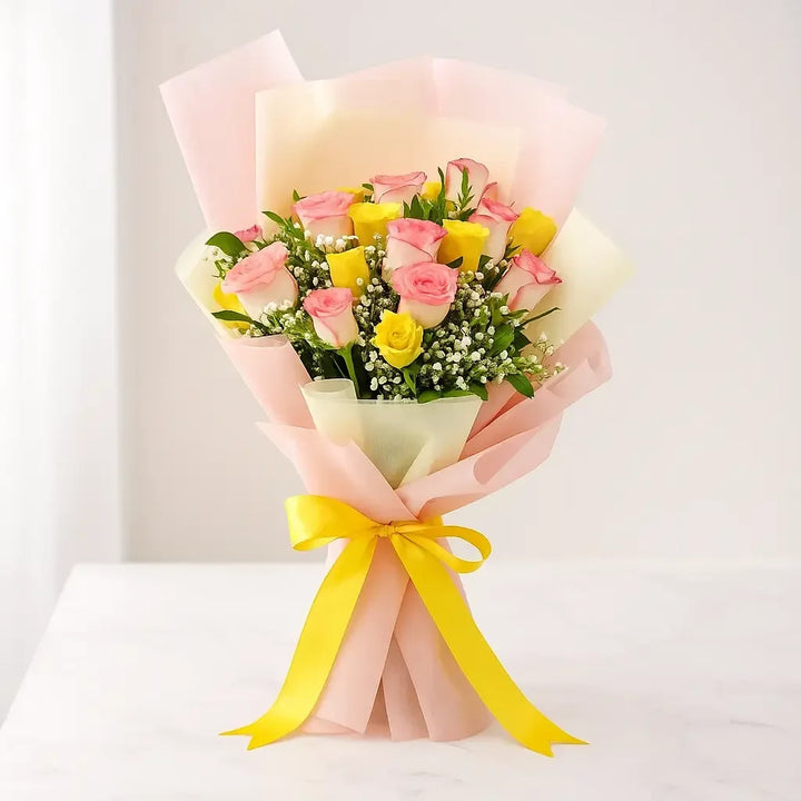 Pink and Yellow Rose Hand Bouquet with Gypso - atfleurs