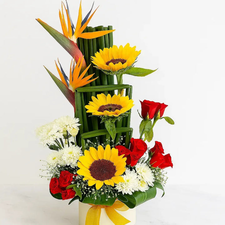 Sunflower and Bird of Paradise Box with Roses and Gypso - atfleurs