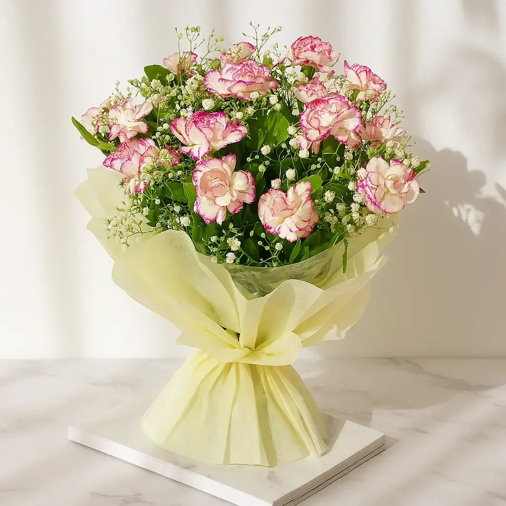 Pink Carnation and Gypso Bouquet Wrapped in Soft Yellow - atfleurs