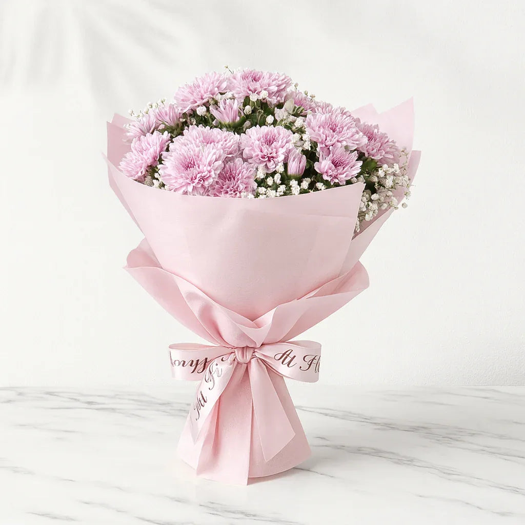 Pink Chrysanthemum and Gypsophila Bouquet - atfleurs