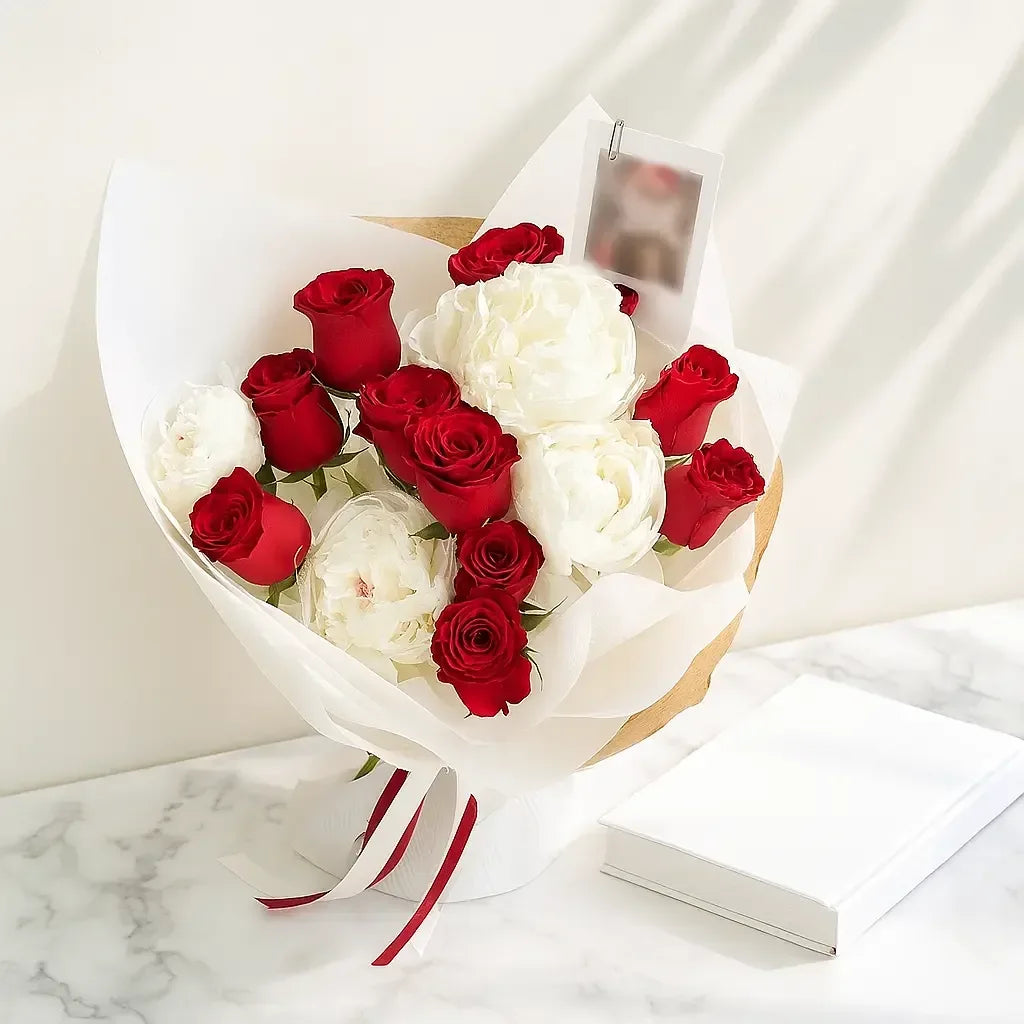 White Peony and Red Rose Bouquet - atfleurs