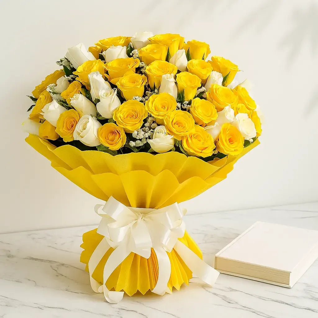 Yellow and White Rose Hand Bouquet with Ribbon Wrap - atfleurs